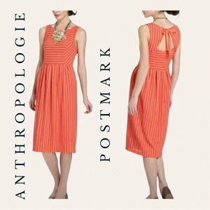 0139. ANTHROPOLOGIE POSTMARK CORAL RIBBON MIDI DRESS SIZE SMALL OPEN BACK W/ TIE